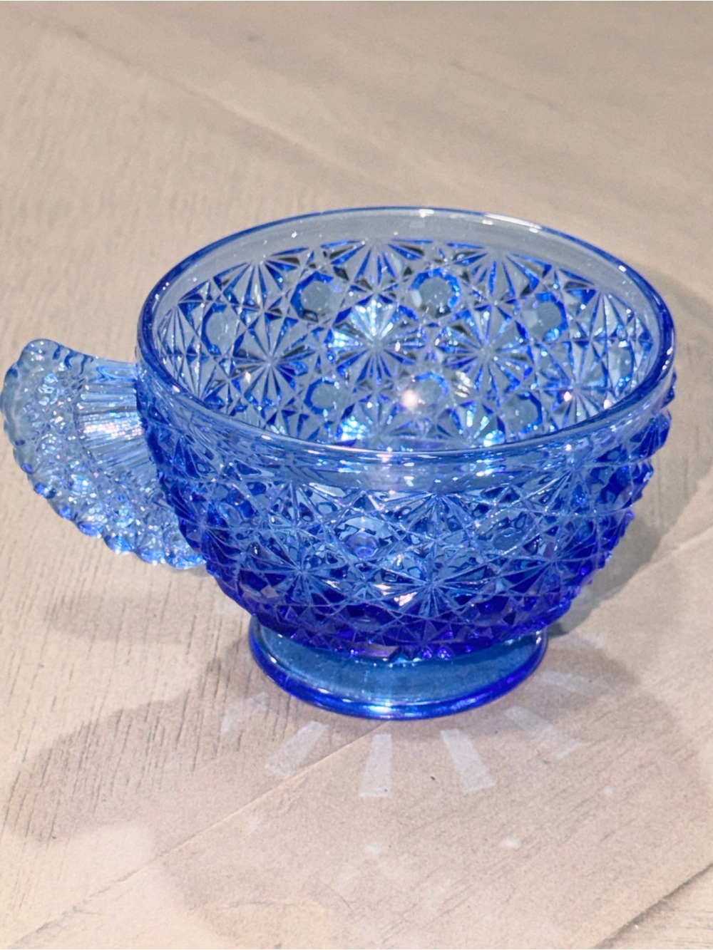 Light Cobalt Blue Daisy and Button Fenton Pressed Glass Cup with Handle Rare
